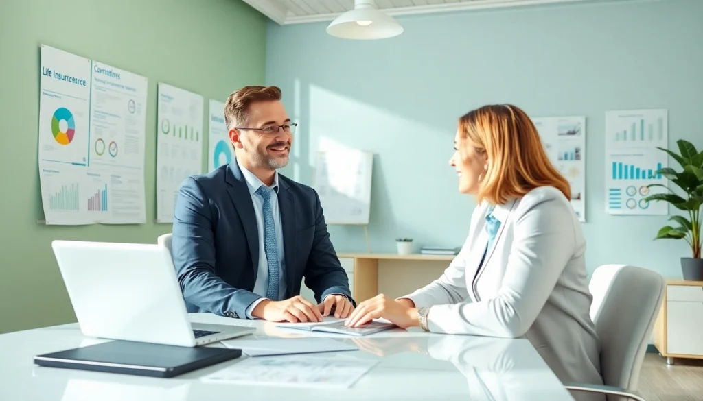 Life insurance agent provides personalized consultation to a client in an inviting office.