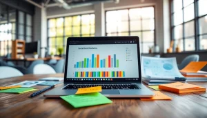 Analyze cheap smm panel metrics in a vibrant marketing workspace with a laptop and strategy notes.