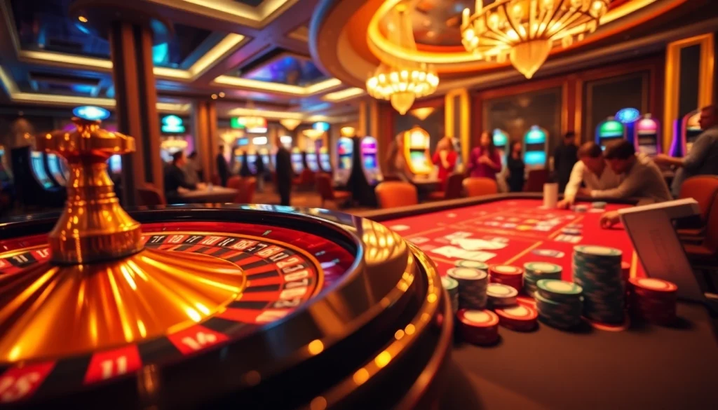 Experience the excitement of gambling at Trang chủ MM88, with players at a poker table and the roulette wheel in action.