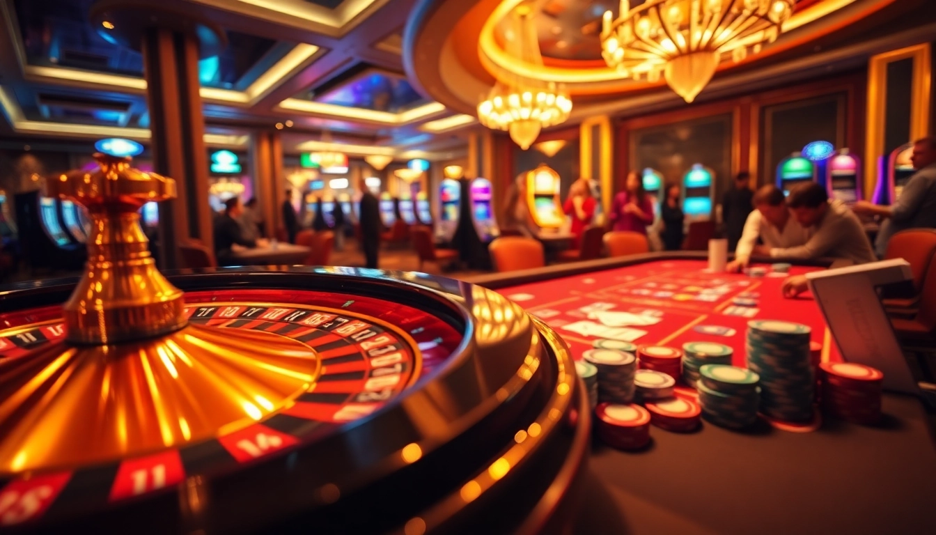 Experience the excitement of gambling at Trang chủ MM88, with players at a poker table and the roulette wheel in action.