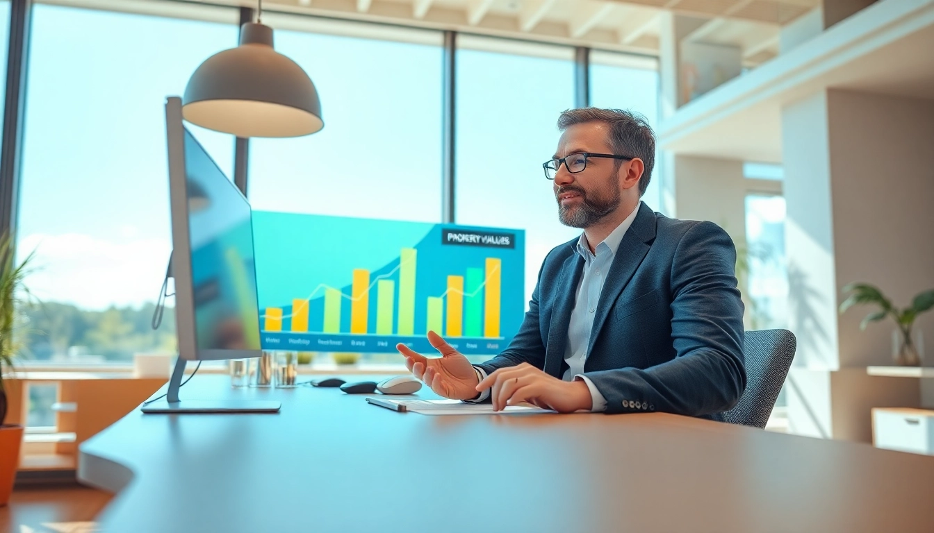 Engaging real estate professional discussing listings in a bright office environment.