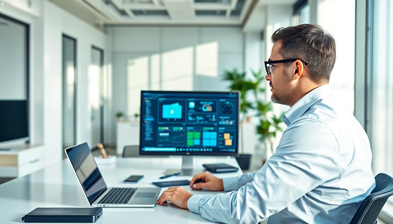 Visualize virtualization Fredericksburg through a professional IT consultant at work, highlighting advanced technology.