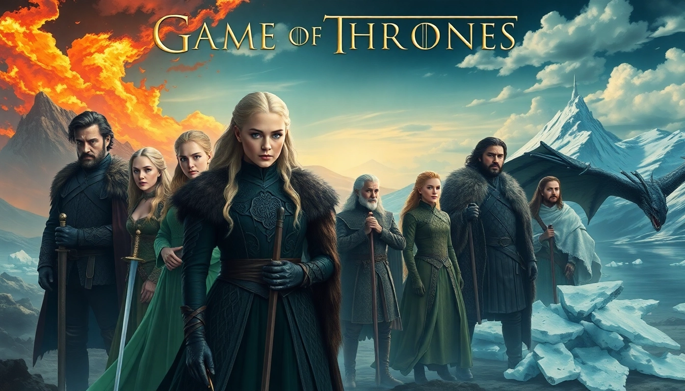 Capture the iconic Game of Thrones cast showcasing characters like Daenerys and Jon from the series.