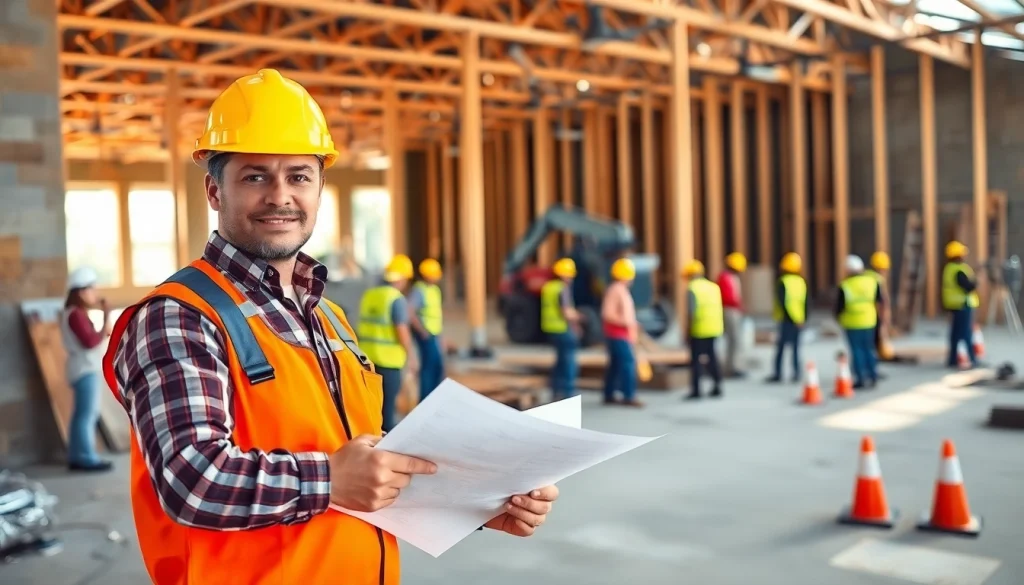 New Jersey General Contractor reviewing project plans at a busy construction site.