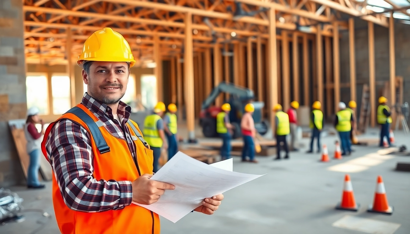 New Jersey General Contractor reviewing project plans at a busy construction site.