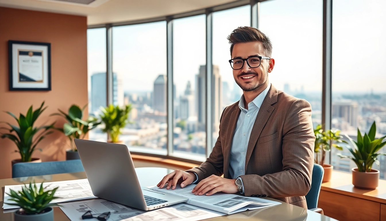 Engaging real estate agent presenting property options in a bright office environment.