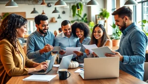 Engaged professionals collaborating on small business jobs in a modern office setting