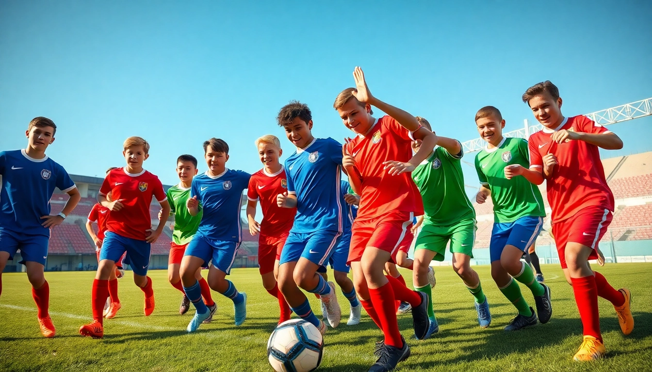 A dynamic scene showcasing young players in vibrant team football kits celebrating on the pitch.
