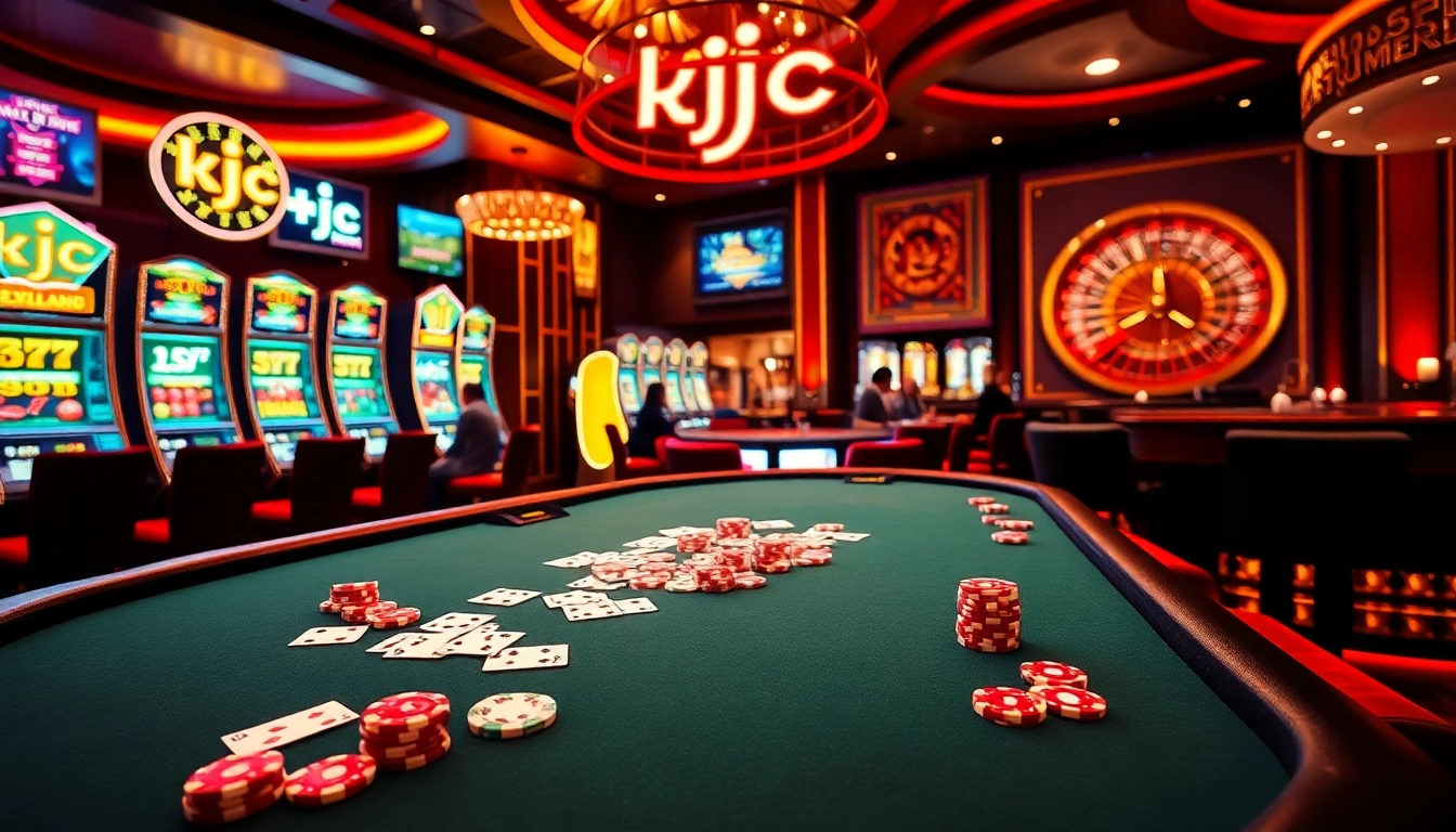 KJC casino atmosphere with a blackjack table full of chips and cards.