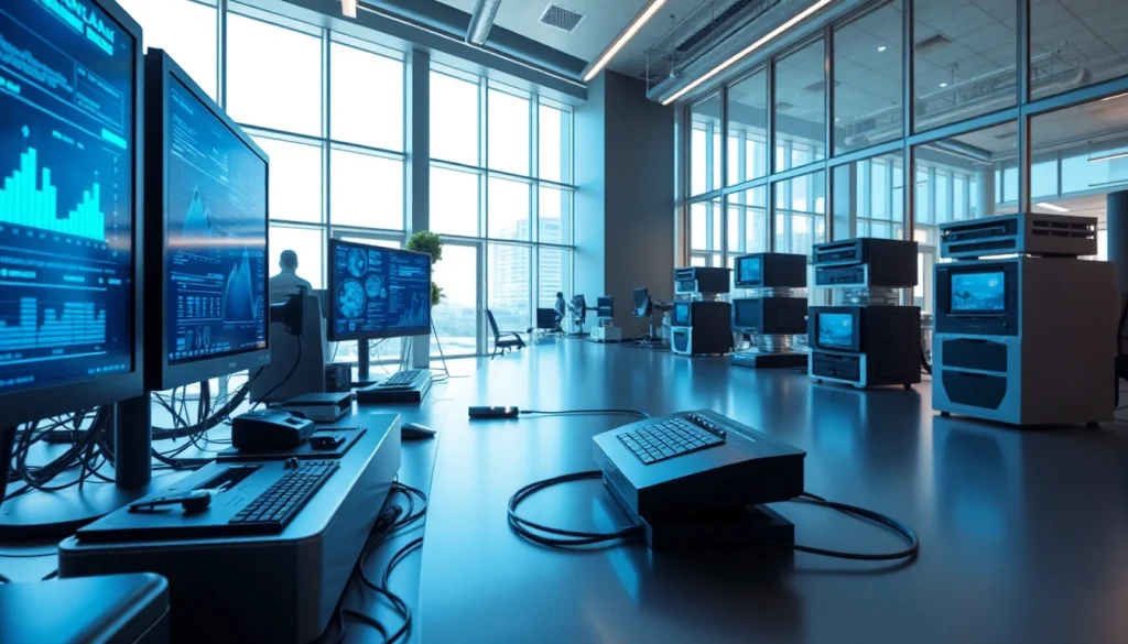 Showcasing Technology in a modern workspace with interactive screens and a professional atmosphere.