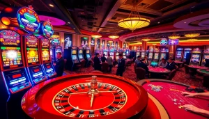 The vibrant casino atmosphere at https://xx88.center/ showcases players enjoying slot machines, poker, and roulette.