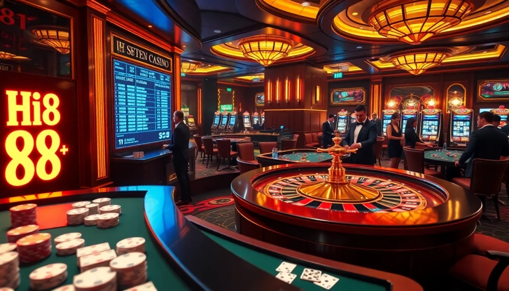 Hi 88 logo integrated with players at a luxurious roulette table in an upscale casino setting.