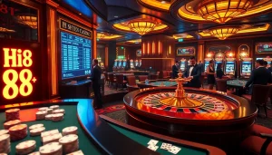Hi 88 logo integrated with players at a luxurious roulette table in an upscale casino setting.