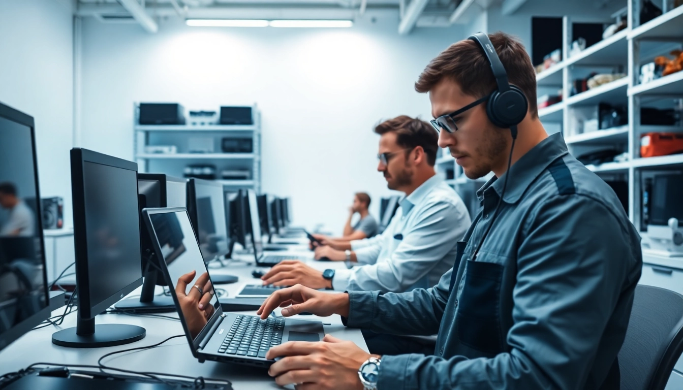 Experienced technicians provide computer services in a modern workshop environment.