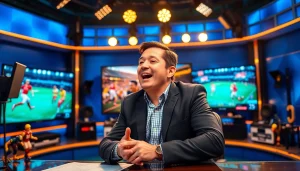 스포츠중계 상황에서 역동적인 진행자가 인사이트를 전달하는 모습