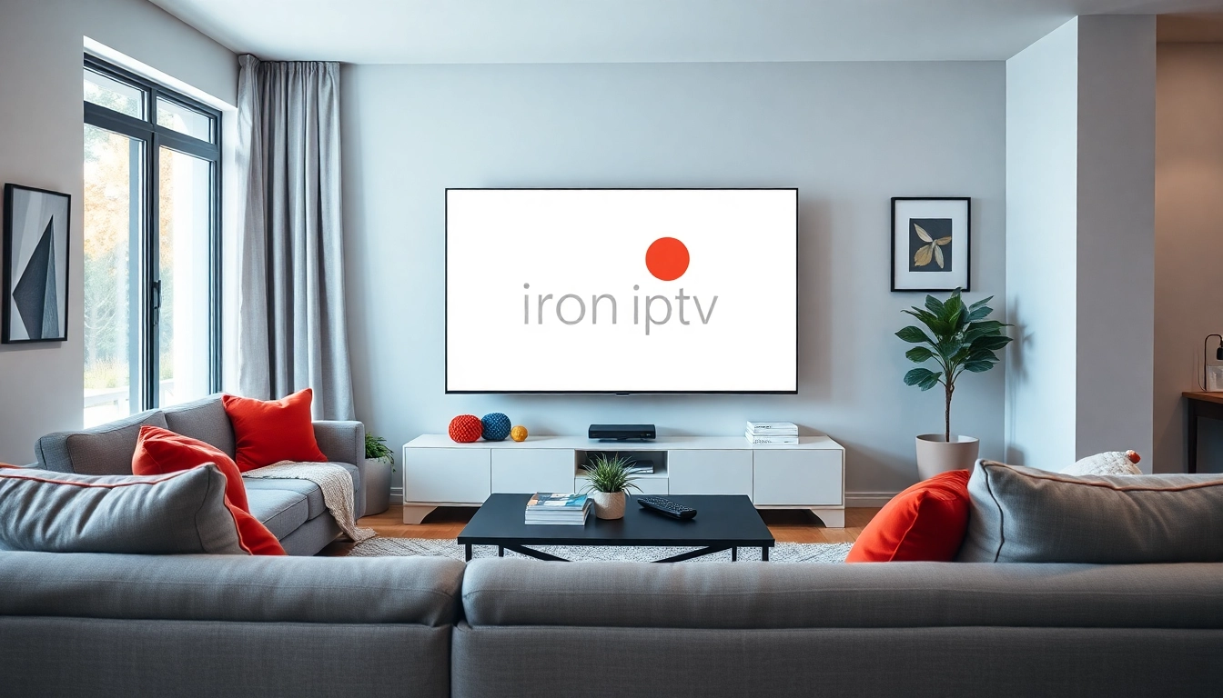 Stream IPTV on a sleek TV with the "iron iptv" logo displayed in a cozy living room.