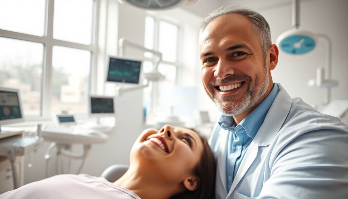 Dentist engaging with a patient in a bright, modern dental clinic demonstrating professionalism and care.