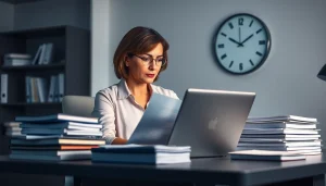 Professional translator reviewing legal documents for traduzione giurata in a modern office.