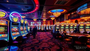 Players excitedly engage with the Slot777 slot machine in a vibrant casino setting.