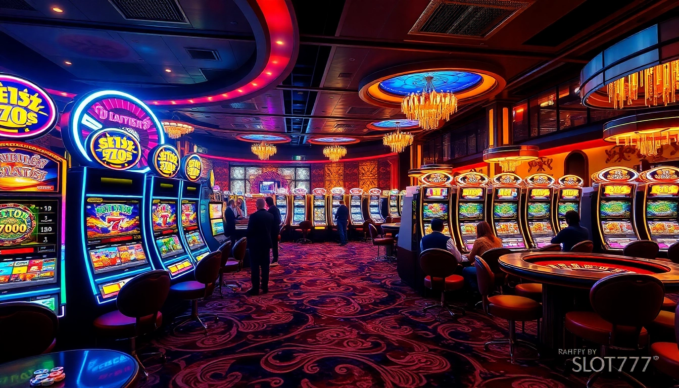 Players excitedly engage with the Slot777 slot machine in a vibrant casino setting.