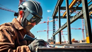 Welding structural steel components in a busy construction environment with bright natural lighting.