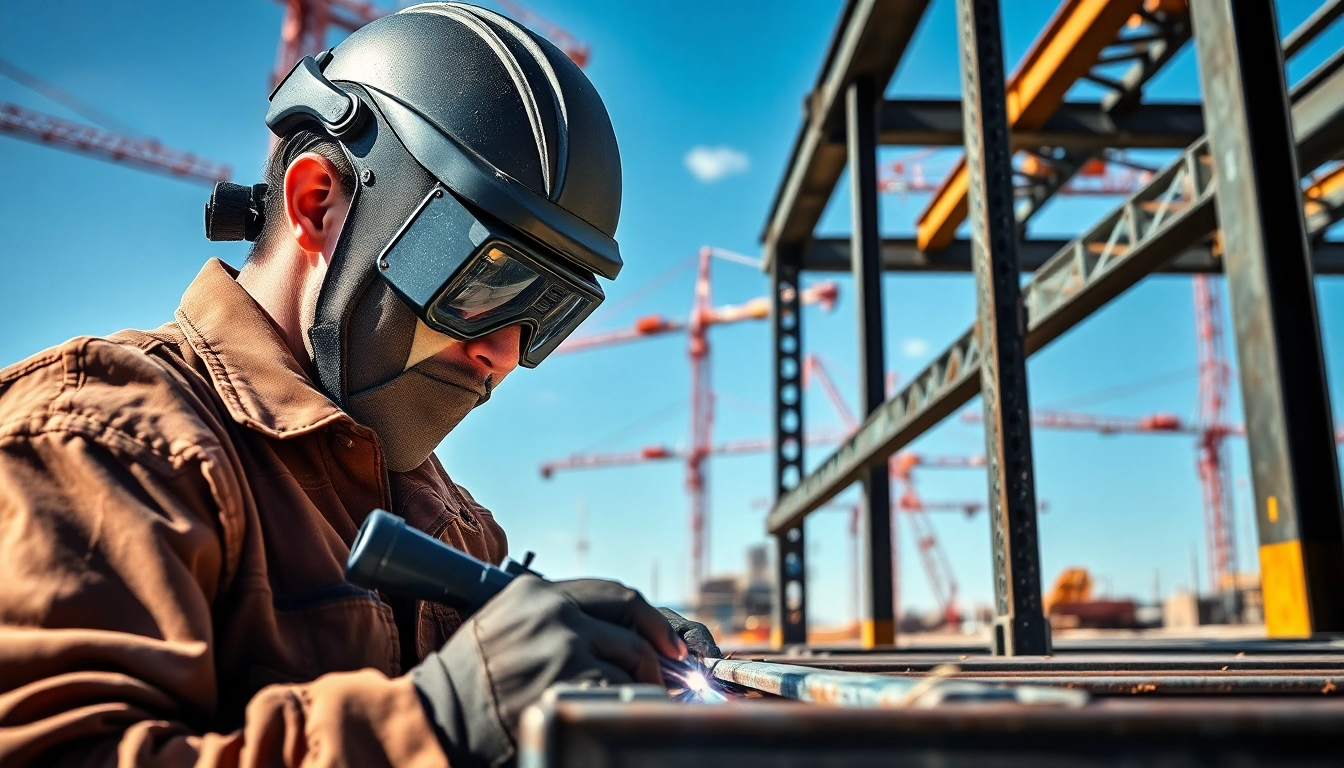 Welding structural steel components in a busy construction environment with bright natural lighting.
