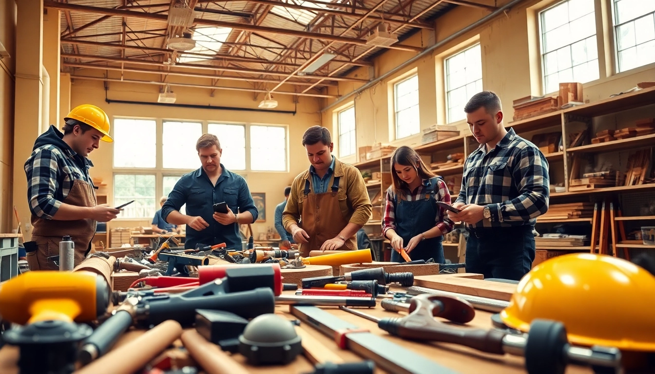 Students learning at construction trade schools in texas practicing hands-on skills and using tools.