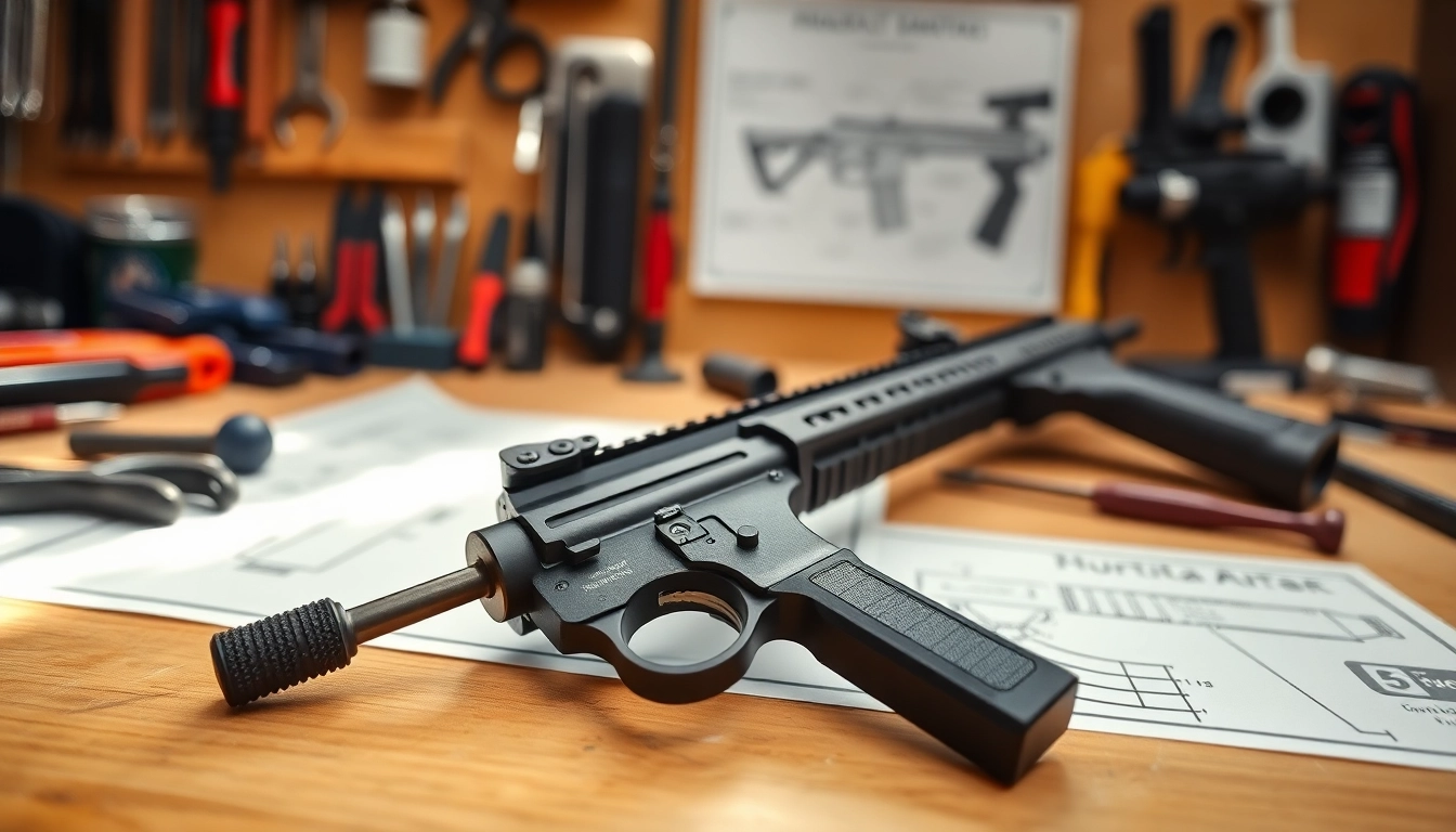 Showcasing the best ar trigger with precision components on a workbench, highlighting craftsmanship.