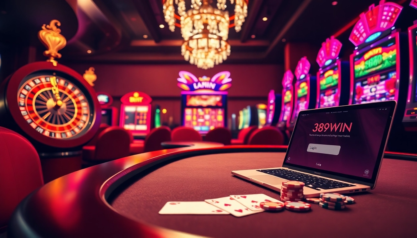 Experience excitement with the 389WIN Login at a luxurious casino setting featuring vibrant slot machines.