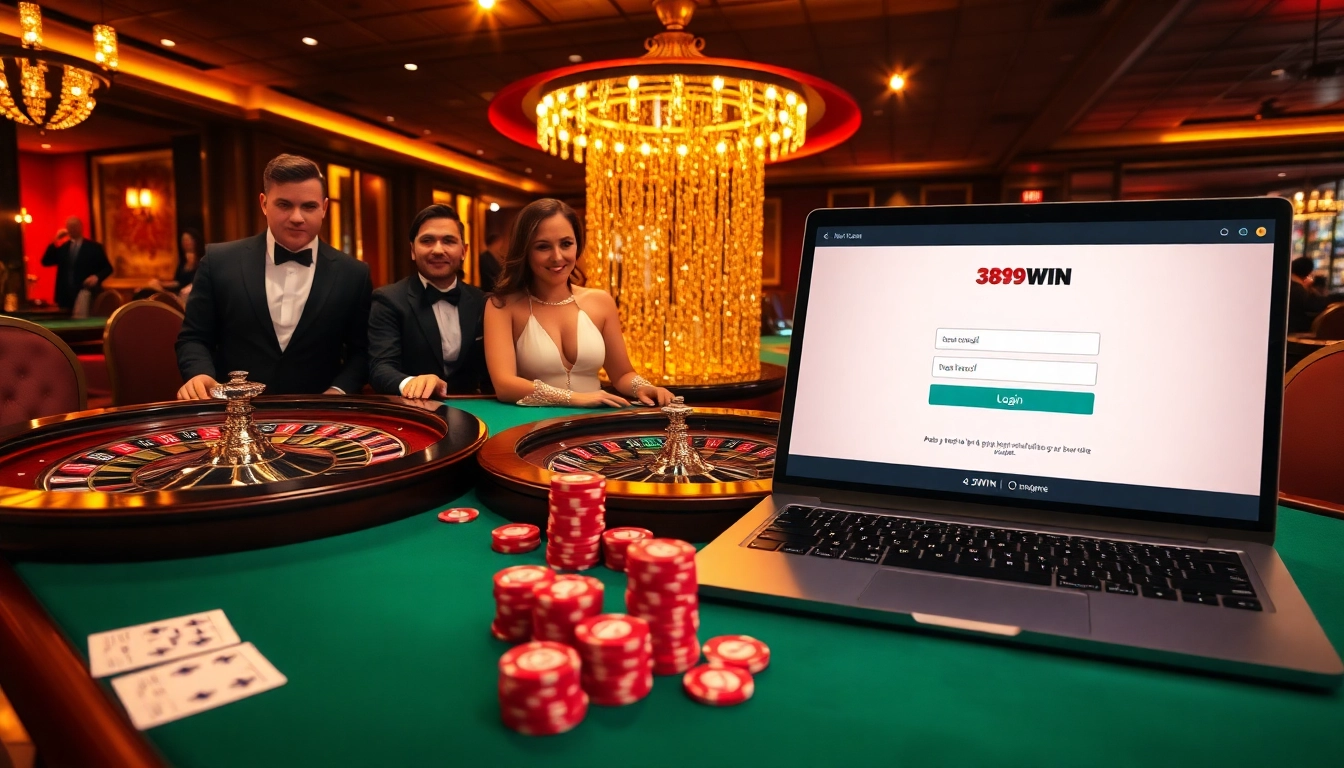 Experience thrilling gaming moments at 389WIN Login with luxurious casino visuals showcasing poker tables and roulette wheels.