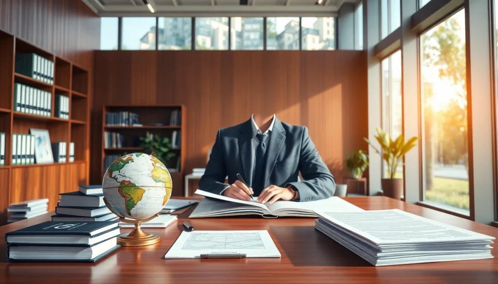 Environmental lawyer reviewing legal documents in a professional office setting with a globe and books.