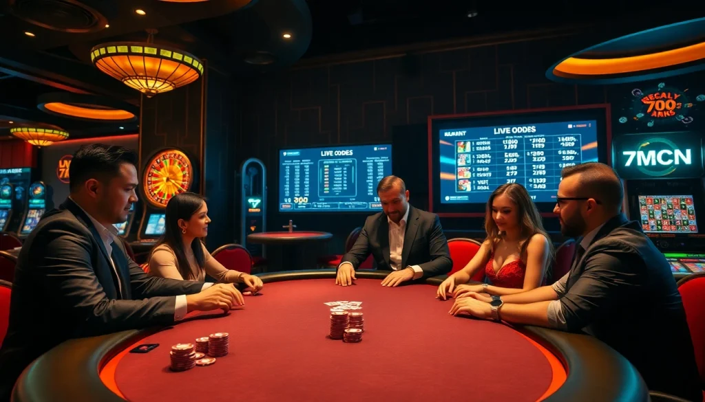 Experience thrilling gameplay at 7mcn with professional gamers at an exciting poker table.