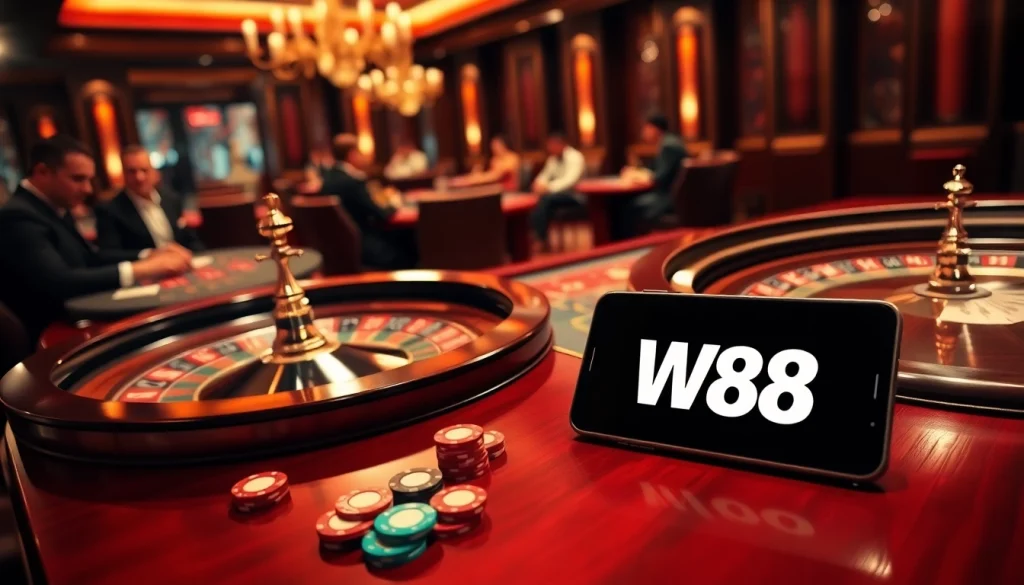 Experience thrilling casino action with link to w88 logo on a stylish gambling table.
