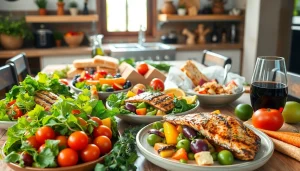 Enjoying a beautifully arranged Mediterranean diet with fresh fruits and vibrant vegetables.