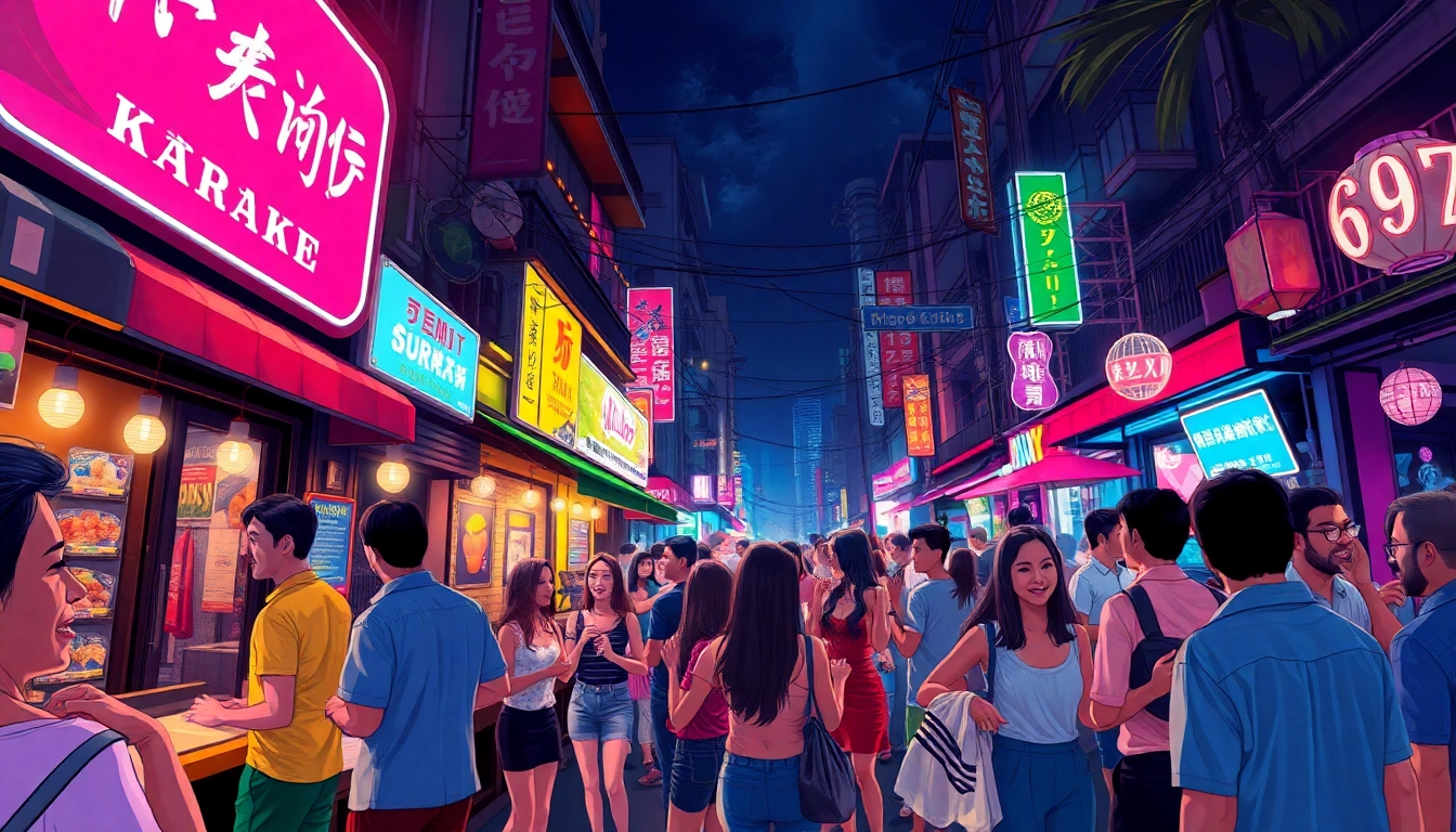 Vibrant 호치민밤문화 scene with lively nightlife, people at karaoke and clubs.