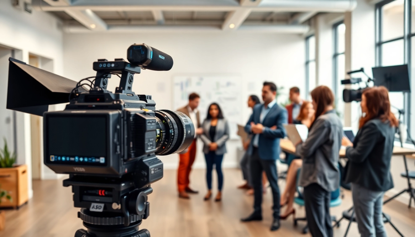 Engaging corporate video production scene with a professional presenter and team collaboration.