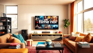 Explore an inviting living room scene featuring filme noi streaming on a modern TV, perfect for movie lovers.