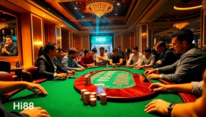 Exciting poker gameplay at Hi88 casino showcasing vibrant chips and cards.