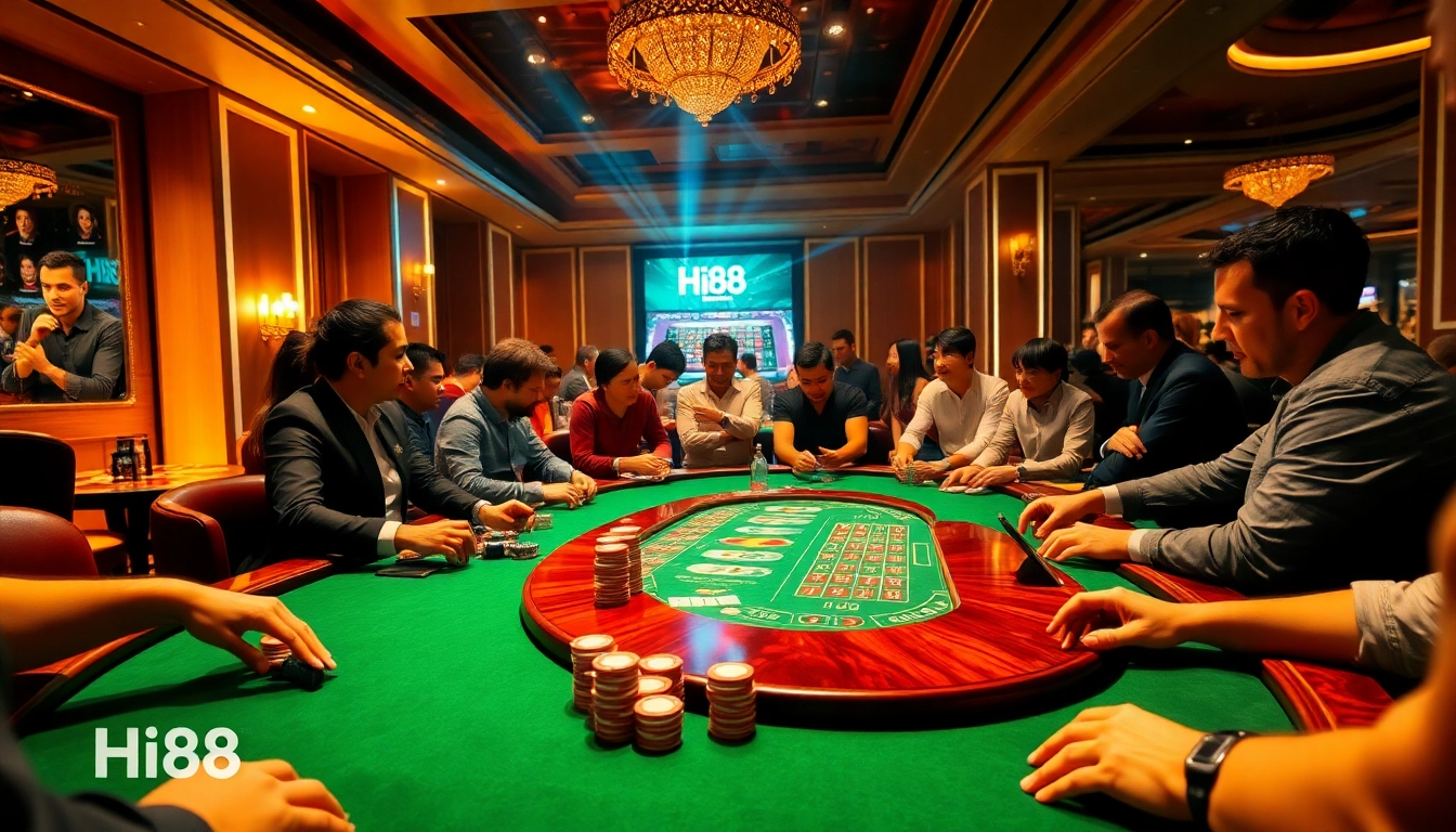 Exciting poker gameplay at Hi88 casino showcasing vibrant chips and cards.