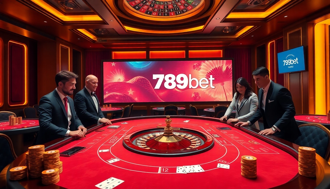 Gamblers enjoying high-stakes Baccarat at 789bet casino, with vibrant tables and luxurious ambiance