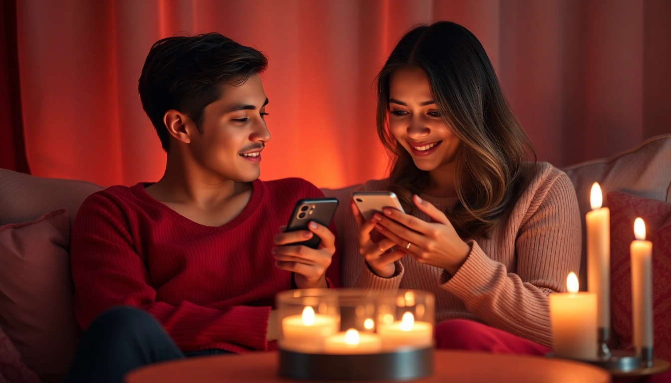 Engaging AI sexting scene with a couple interacting through smartphones in a cozy, warm-lit environment.