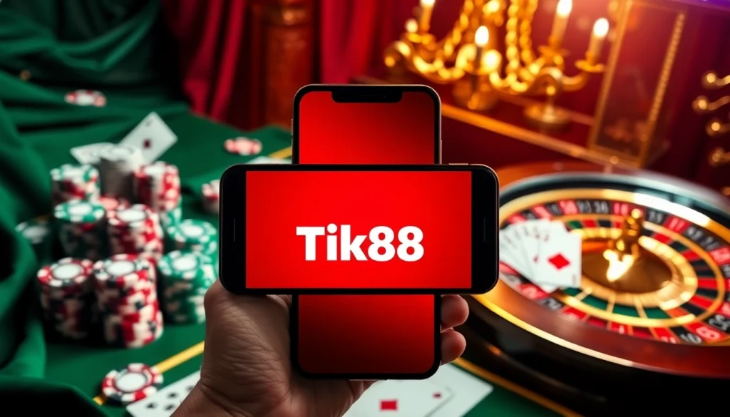Trải nghiệm cảm giác hồi hộp và sang trọng với ứng dụng Tik88 trên smartphone tại một casino sống động.