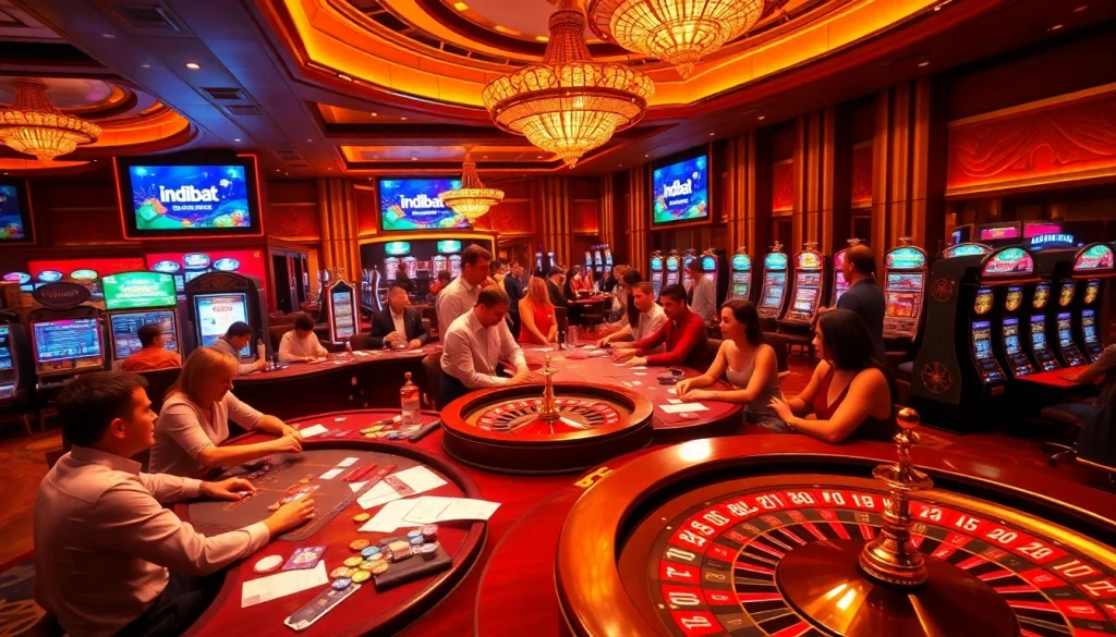 Experience the thrill of gambling at Indibat with players engaged at tables and digital betting interfaces.
