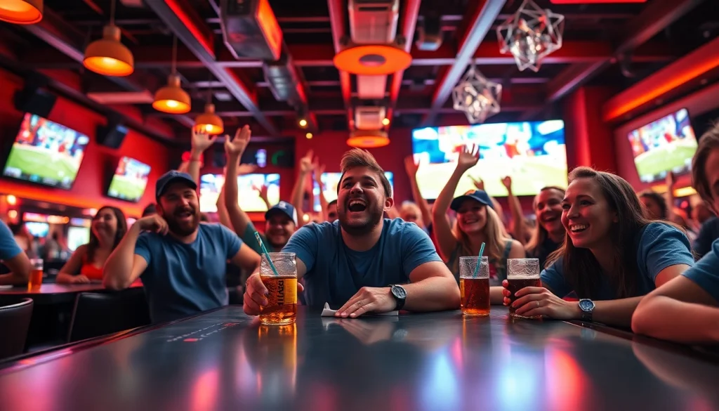 Engaged fans in a Texas sports betting bar celebrating a live game.