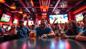 Engaged fans in a Texas sports betting bar celebrating a live game.