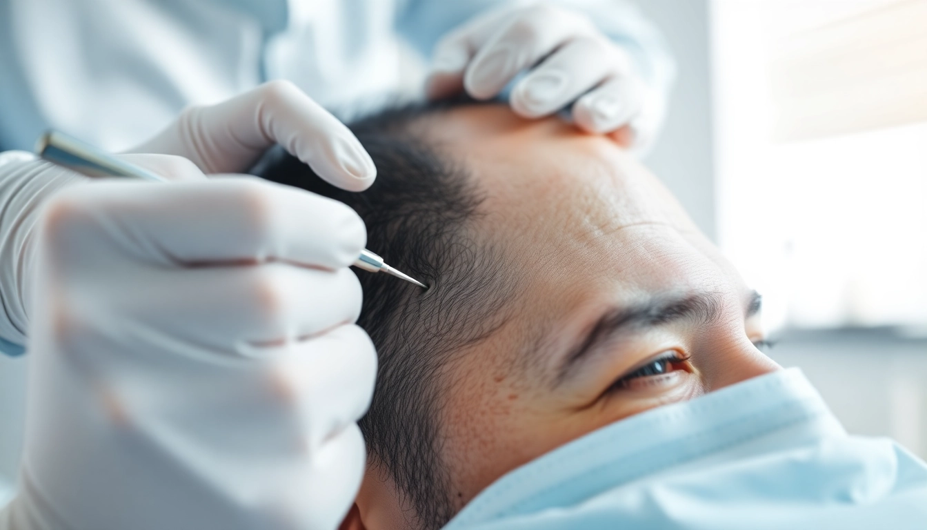 Patient receiving a hair transplant in a modern clinic setting with a surgeon at work.