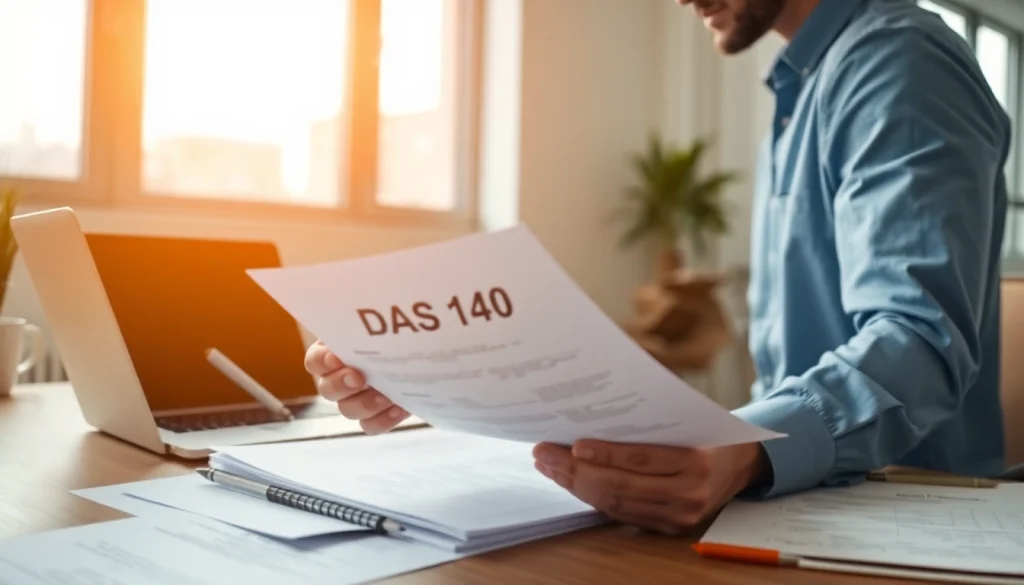 Complete DAS 140 form being analyzed in a professional office by a contractor.