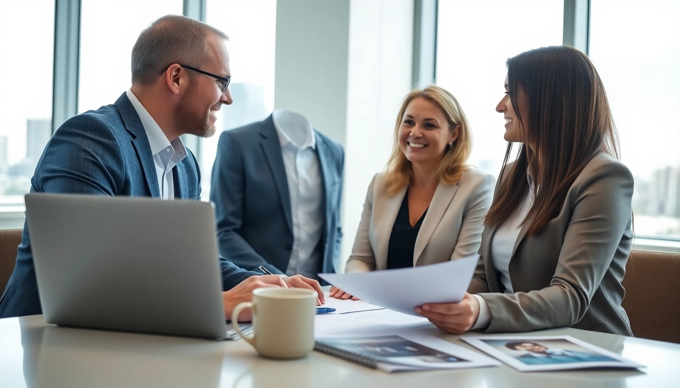 Florida Public Adjuster advising clients in a modern office setting with documents and a laptop.