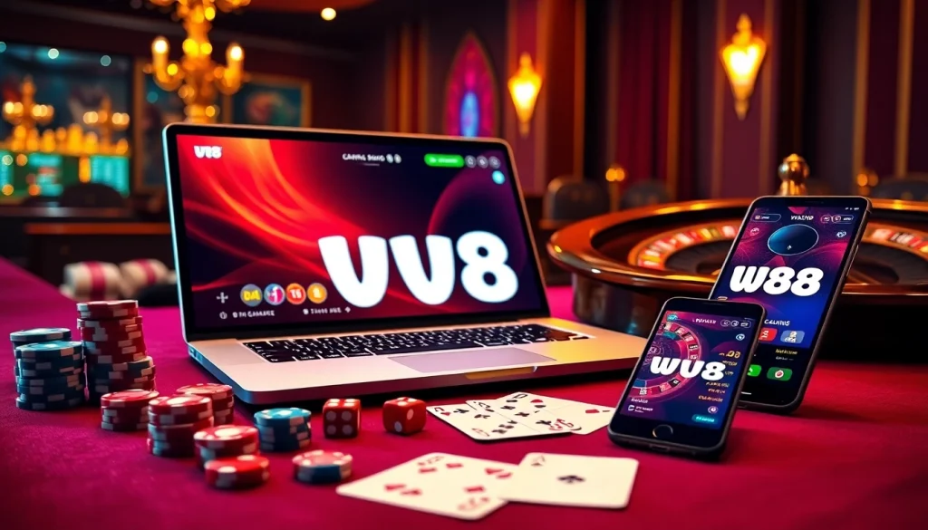 Engage with thrilling games at link vao w88 featuring a luxurious casino setup, poker chips, and cards.