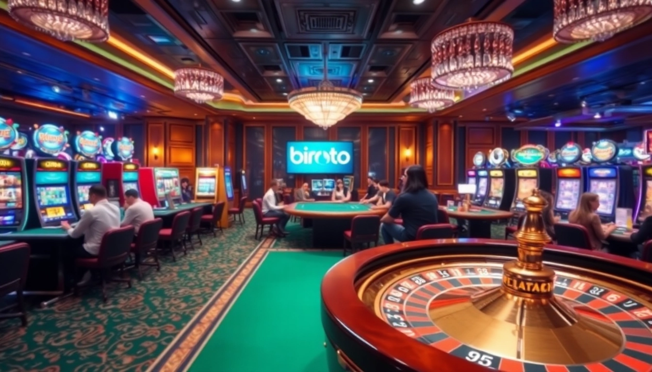 Players enjoying thrilling games at a birutoto-inspired casino, featuring vibrant slot machines and roulette.